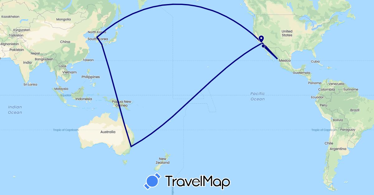 TravelMap itinerary: driving in Australia, Japan, South Korea, Mexico, United States (Asia, North America, Oceania)